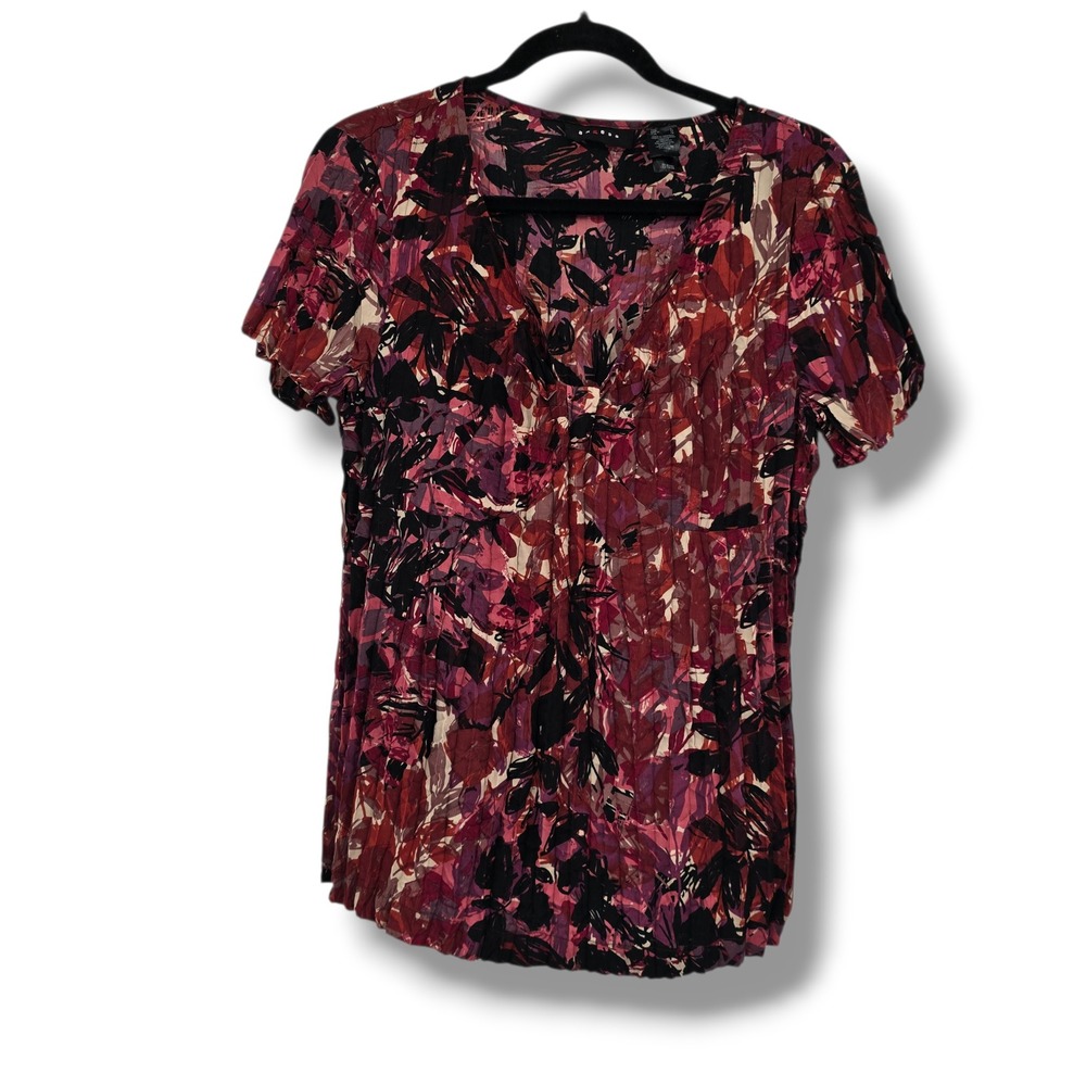 Axcess Womens Short Sleeve Abstract Floral Crinkle V-Neck Blouse Burgundy Large‎